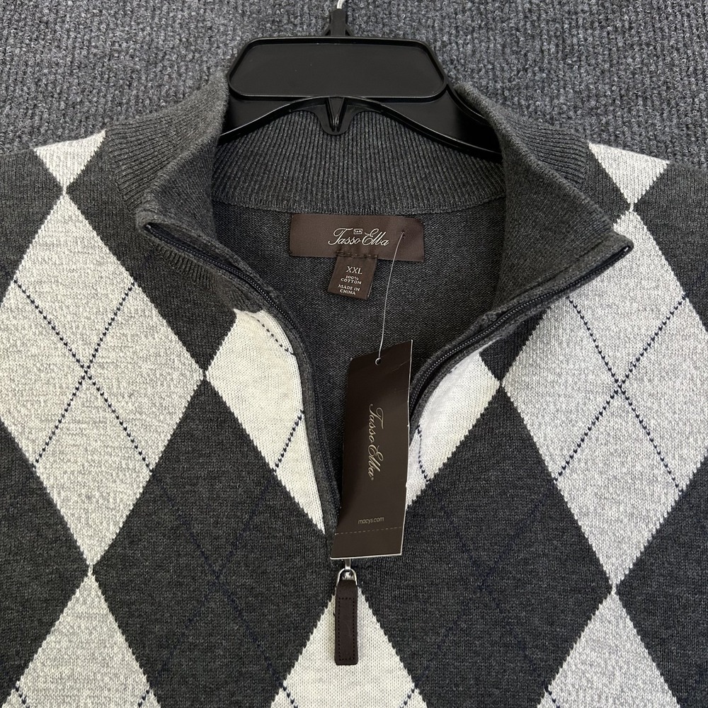 Tasso Elba Mens XXL Argyle Sweater Dark Gray LS Mock Neck 1/4 Zip Preppy Cotton - Picture 4 of 12